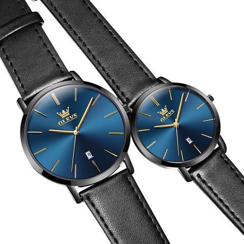Reloj Olevs De Cuero Impermeable Con Calendario Para Pareja, Color Del Fondo Negro/azul