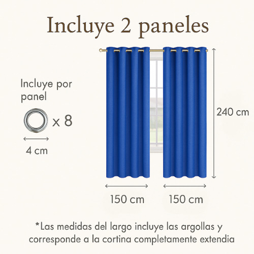 Cortina Imperial Lino Blackout 2pzs 240cm Alto X 150cm Ancho Azul