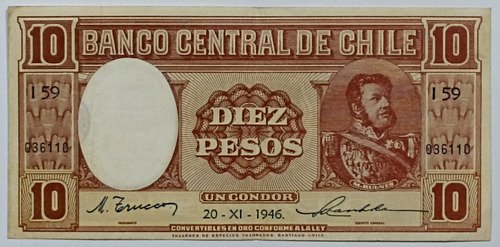 Billete Chile 10 Pesos 20-xi-1946 Tev - I59-036110
