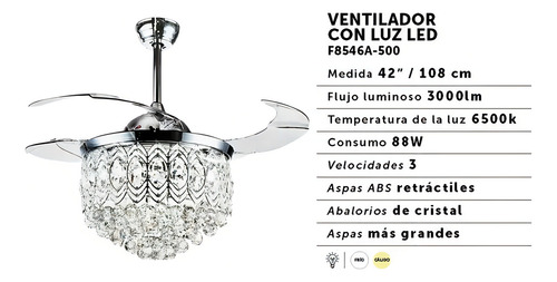 Megaluz Ventilador Techo Con Lampara Rectractil Cristales Candil 2pz