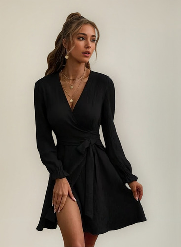 Vestido De Color Sólido Con Cuello Abierto Y Manga Linterna