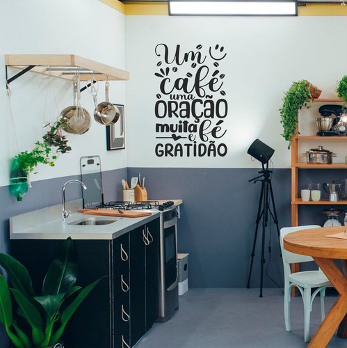 Adesivo Frase Parede Café Oração Fé E Gratidão Preto Fosco