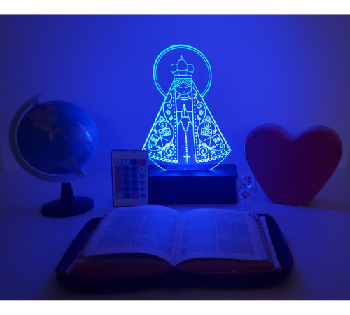 Luminária 3d Avelar Imagem Miniatura Nossa Senhora Aparecida Cúpula 16 Cores Estrutura Preto