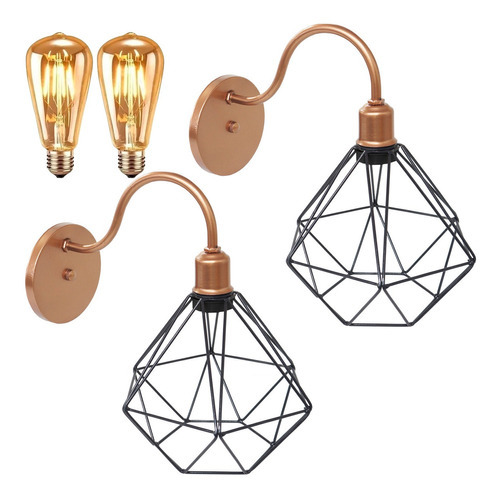 2 Arandelas Parede Aramada Diamante Retro Industrial Lâmpada Cor Cobre Rose Gold/Preto