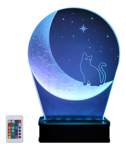 Velador Lampara Gato Con Luna 3d 16 Colores + Poster