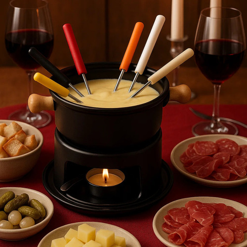 Fondue Com 6 Garfos 11 Peça Queijo Chocolate Com Petisqueira
