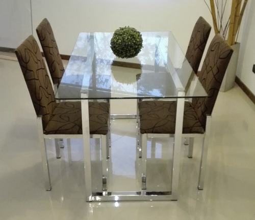 Juego Comedor Cromado 4 Sillas Mesa Vidrio 1,40x0,80 Moderno