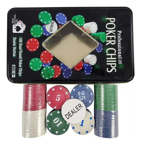 Set De Poker 100 Fichas Profesional En Caja De Metal Dealer