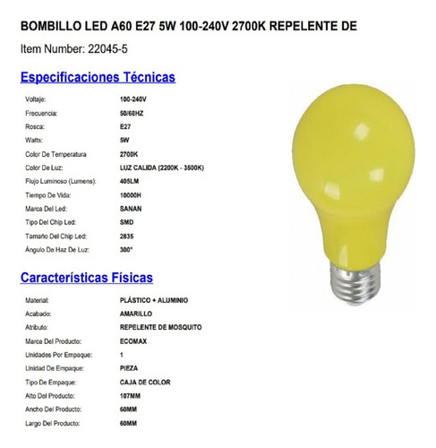 Bombillo Mata Mosquitos E27 4.5w 3000k Eco Max Garantía