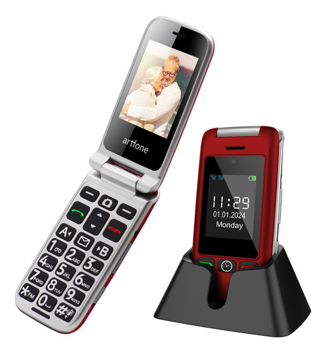 Teléfono Celular Senior, Flip Teléfono Móviles Para Personas Mayores Con Teclas Grandes, Con Sos Botón, Cámara,doble Sim,batería De Larga Duració,rojo