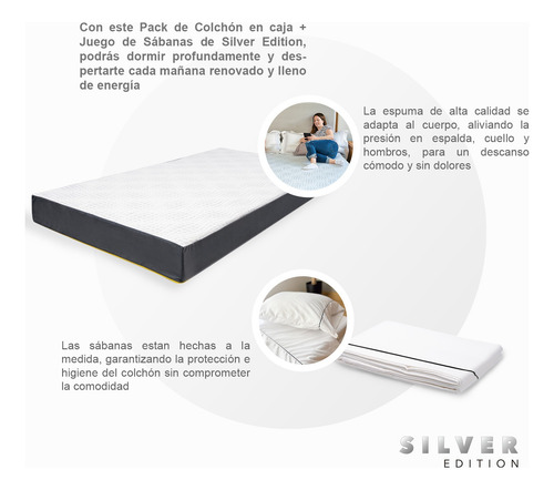 Colchón Individual En Caja 15 Cm Altura + Juego De Sábanas Blanco Con Gris