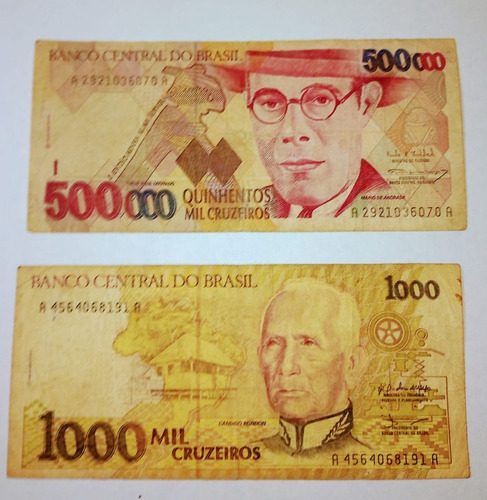 2 Billetes De Brasil 500.000 / 1000 Cruzeiros Vf.