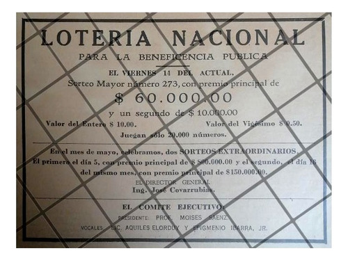 Afiche Retro Loteria Nacional 1930. Moises Saenz