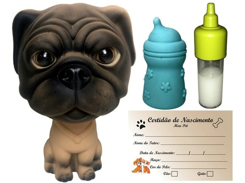 Boneco Cachorro Cachorrinho Bebê Pug Menino Mamadeira - Azul