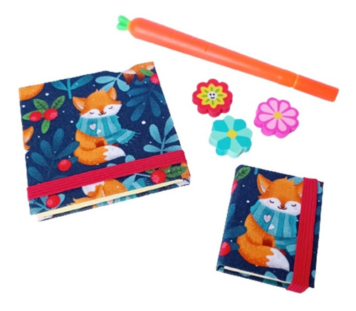 Kit Papelaria 2 Postits, 1 Caneta E 3 Borrachinhas Raposa