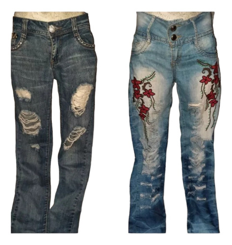 Pack Jeans Destroyed Animal Print Brillos + Jeans Bordado De