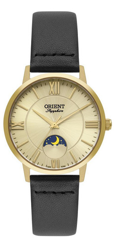 Relógio Orient Feminino Couro Preto 33mm Lua Dourado