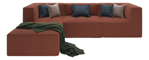 Puff Sofá Modular 2 Braços Terracota 3 Lugares E Chaise Bilateral Design Contemporâneo Na Caixa Ideal Para Salas Modernas