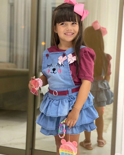 Imagem 7 de 9 de Vestido Infantil Jeans Salopete Bloguerinha Mini Diva