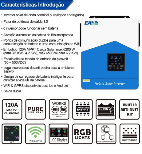 Inversor Híbrido Easun On/off Grid 6.2kw 48/220v Com Wifi