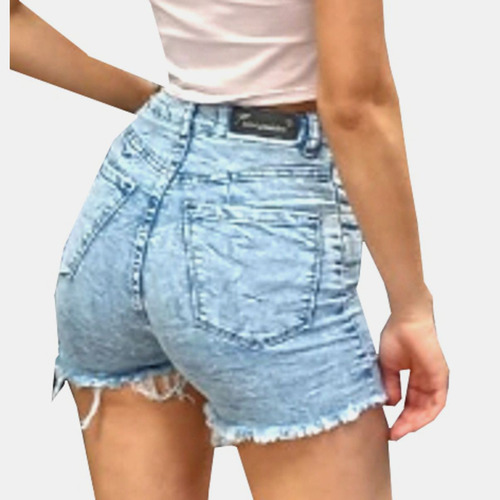 Short Jean Elastizado, Con Roturas, Tiro Alto Y Medio