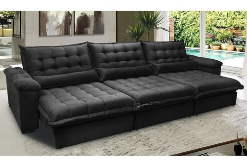Sofá Retrátil e Reclinável 3,22m com Molas Ensacadas Cama inBox Aconchego Tecido Suede Preto