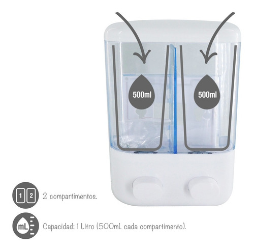 Imagen 3 de 10 de Dispenser Doble Jabon Liquido Gel Shampoo Crema 2 X 500ml.