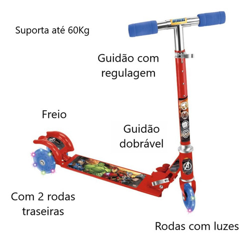 Kit Patinete Infantil Ferro 3 Roda Luz Vingadores + Capacete