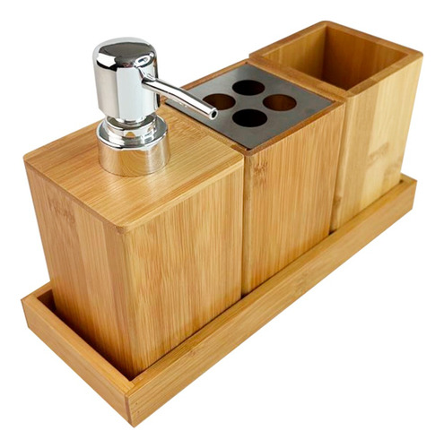 Kit Set Baño Bambu Dispenser + Vaso + Porta Cepillo