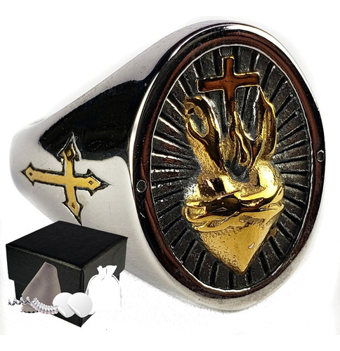 Combo Anillo Corazón Sagrado De Jesús Acero Inoxidable B