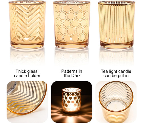Juego De 3 Portalas Votivas Doradas, Candelabros De Cristal