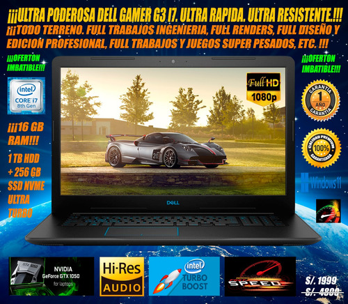 Laptop Dell G3 I7 8va 4.1 Ghz 16 Gb Ram Gtx 1050 1 Tb Ssd (Usado)