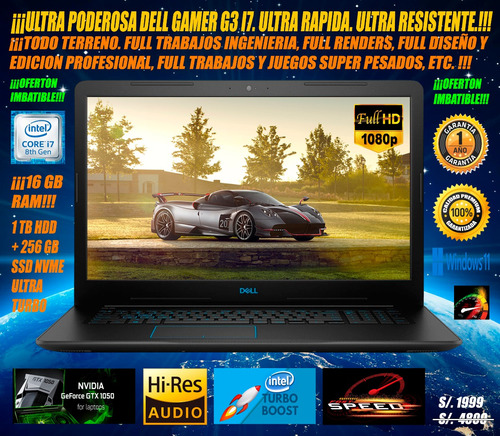 Laptop Dell G3 I7 8va 4.1 Ghz 16 Gb Ram Gtx 1050 1 Tb Ssd