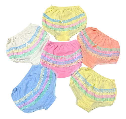 Pack 6 Pantaletas Niña Algodón Encaje Olán Colores Cómodas