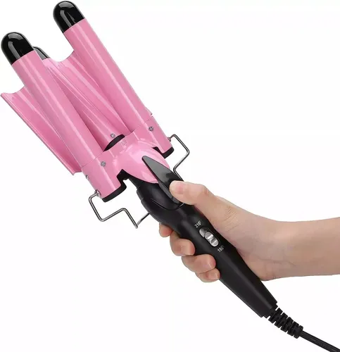 Buclera De Cabello Con 3 Barras De Cerámica Para Rizos Perfectos Color Rosa Rizos Suaves Y Definidos Alta Calidad