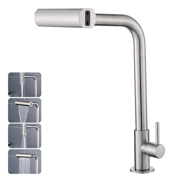 Torneira Cozinha Bancada Inox 304 Água Fria Bica Alta Gourmet 4 Modos De Água Estilo Cascata Torneira Pia Cozinha Moderna, Torneira Flexivel, Torneira De Cozinha Premium Para Cuba