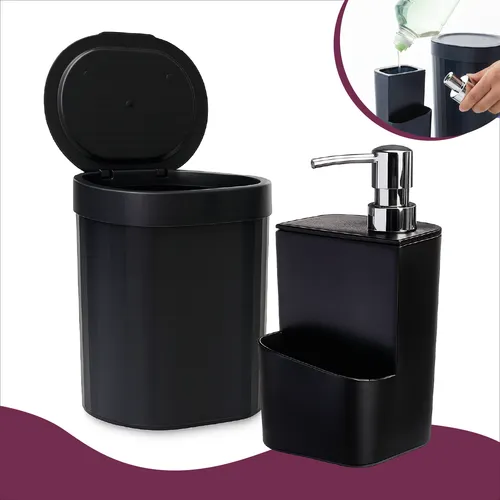 Kit Pia De Cozinha Lixeira 2,5l Com Tampa + Dispenser De Detergen...