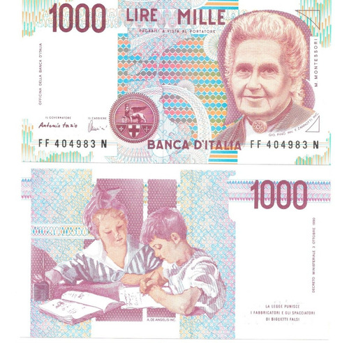 Billete 1,000 Liras Italia 1990, Maria Montessori