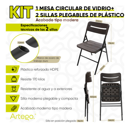 Mesa Circular De Vidrio Color Café Obscuro De 60cm + 2 Sillas De Plástico Hdpe Acabado Tipo Madera Para Exteriores Para Jardín Balcón Terraza Estructura De Acero Reforzado