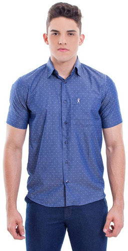 Camisa Masculina Manga Curta Azul Detalhe - Não Perca