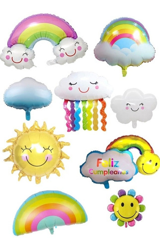 9 Globos Sol Arcoíris Flor Lluvia De Amor Nube Feliz Cumple