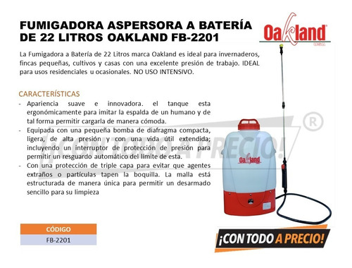 Imagen 2 de 7 de Fumigadora Electrica Aspersora Fb 2201 Sanitizar Desinfectar