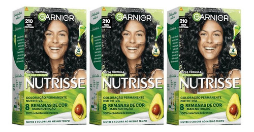 Garnier Coloraçao nutrisse 210 preto azulado-kit c/3un tom preto para cabelo