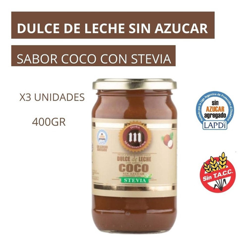 Dulce De Leche Sin Azucar Sabor Coco Con Stevia X3