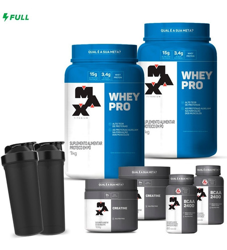 Combo 2x Whey Protein + 2x Bcaa + 2x Creatina - Max Titanium + 2x Shaker