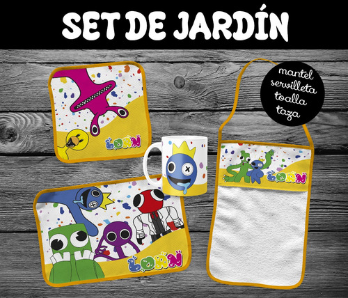 Set Jardín Rainbow Friends  Mantel + Servi + Toalla + Taza