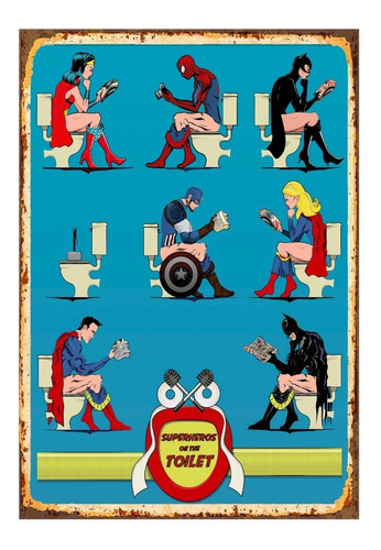 1 Cartel Metalico Letrero De Baño Superheroes Comic 40x28 Cm