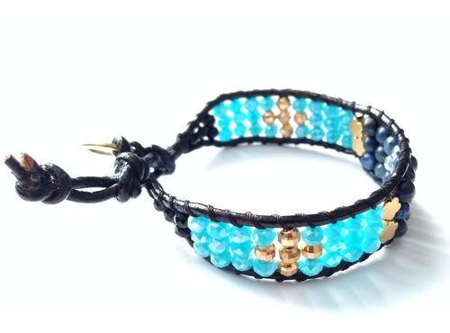 Pulsera De Piel - Lapislázuli, Hematita, Chapa De Oro 14kt