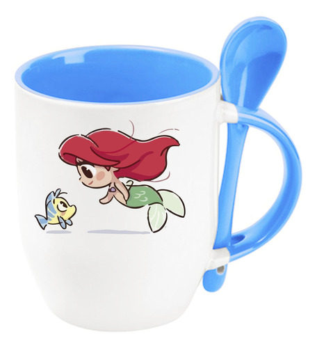 Taza Sirenita Princesa Con Cuchara Azul Cielo Sirenita