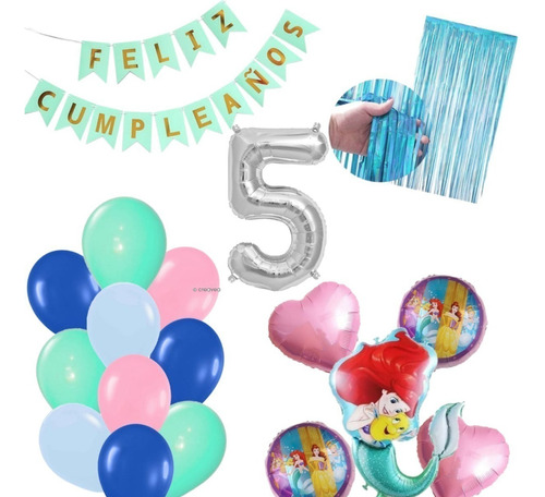 Kit Decoración Ariel Sirena Globos 3d+feliz Cumple+cortina